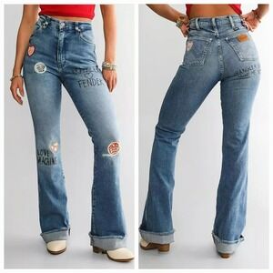 Wrangler x Fender Jeans Women 24 Bootcut High Rise Westward 626 Distressed Blue